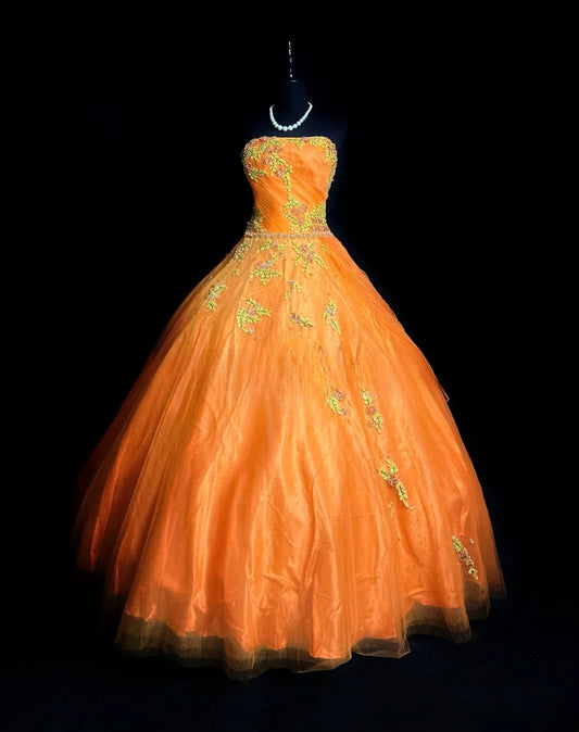Pretty Ball Gown Strapless Orange Tulle With Appliqued Long 15 Quinceanera Dresses Photo Ideas Formal Outfit RB5938