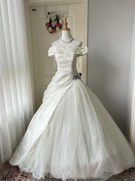 Princess Wedding Dress Ball Gown Off The Shoulder White Tulle With Sleeves Long Bridal Gown RC0494