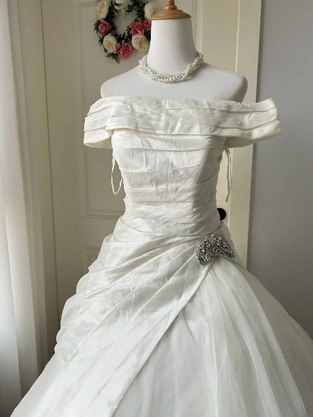 Prinzessin Brautkleid Ballkleid Schulterfrei Weiß Tüll mit Ärmeln langes Brautkleid RC0494