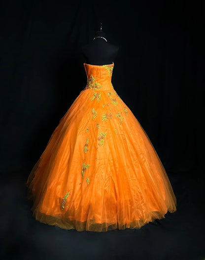 Pretty Ball Gown Strapless Orange Tulle With Appliqued Long 15 Quinceanera Dresses Photo Ideas Formal Outfit RB5938