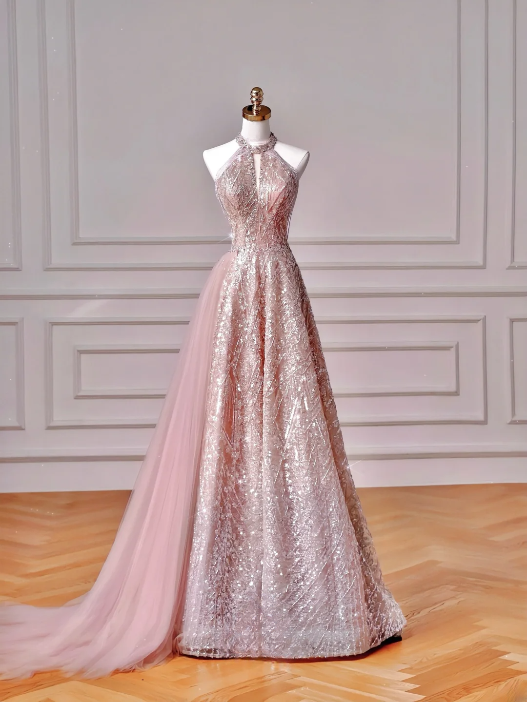 Robe de bal glamour à col montant et sequins roses, longue, idéale pour un 20e anniversaire ou toute autre occasion spéciale (AQ128).