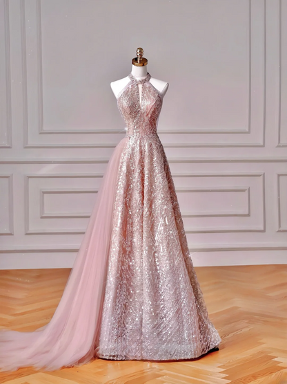 Robe de bal glamour à col montant et sequins roses, longue, idéale pour un 20e anniversaire ou toute autre occasion spéciale (AQ128).