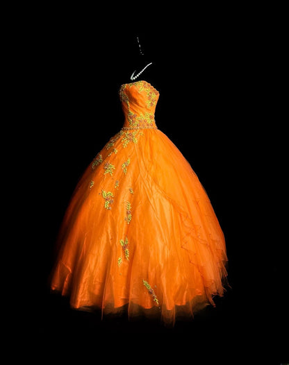 Pretty Ball Gown Strapless Orange Tulle With Appliqued Long 15 Quinceanera Dresses Photo Ideas Formal Outfit RB5938