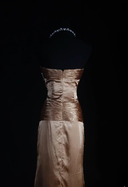 Retro Vintage 1960s Formal Sheath Sweetheart Brown Fashion With Beads Long Prom Dresses Party Formal Gowns AS128