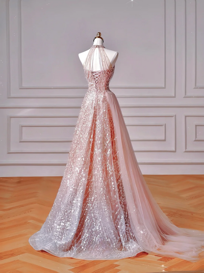Robe de bal glamour à col montant et sequins roses, longue, idéale pour un 20e anniversaire ou toute autre occasion spéciale (AQ128).