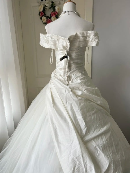 Prinzessin Brautkleid Ballkleid Schulterfrei Weiß Tüll mit Ärmeln langes Brautkleid RC0494