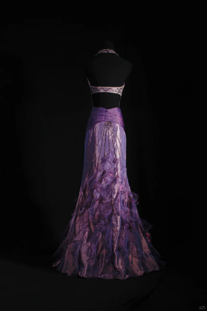 Vintage 50s 1950s Formal Mermaid Halter Purple Tiered Taffeta Pleated With Beads Sleeveless Long Prom Dresses Party Formal Gowns AS129