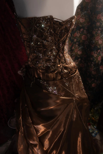 Vintage Mermaid Halter Brown With Tiered Tulle Long Prom Dresses Formal Outfit Evening Night Gown RB8138