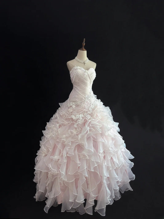 Prinzessinnen-Ballkleid Herzausschnitt Pink mit gestuften Lagen Quince-Kleid Voluminöses Sweet 16 Outfit Festliches Kleid RB7499