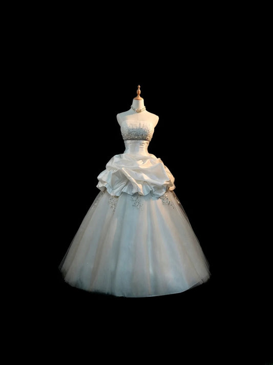 Romantic Princess Wedding Dress Ball Gown Strapless Tulle White Brides Gown Long Bridal Dress RB5793