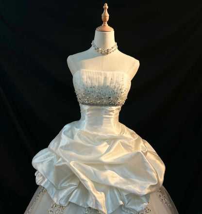 Romantic Princess Wedding Dress Ball Gown Strapless Tulle White Brides Gown Long Bridal Dress RB5793