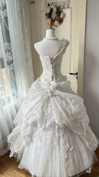 Quinceanera-Kleid für den 15. Geburtstag, Ballkleid, schulterfrei, Weiß, mehrlagig, gestuft, langes Kleid für den 15. Geburtstag RC0495