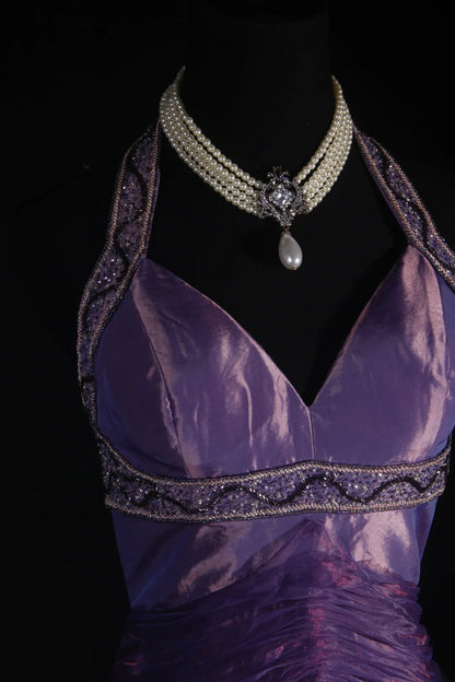 Vintage 50s 1950s Formal Mermaid Halter Purple Tiered Taffeta Pleated With Beads Sleeveless Long Prom Dresses Party Formal Gowns AS129