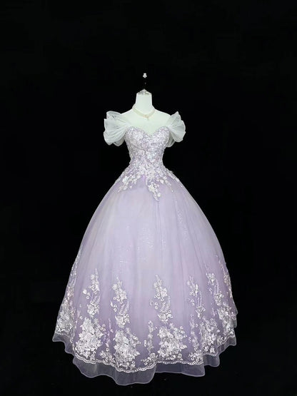 Cute Ball Gown Off The Shoulder Lilac Tulle With Lace Quince Dress Voluminous Ideas Sweet 16 Quinceanera Dresses Vestido de 15 RB7500