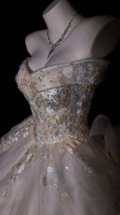 Vintage Wedding Dress Ball Gown Off Shoulder Tulle Appliques White With Sleeves Bridal Gown for Big Day RB9925