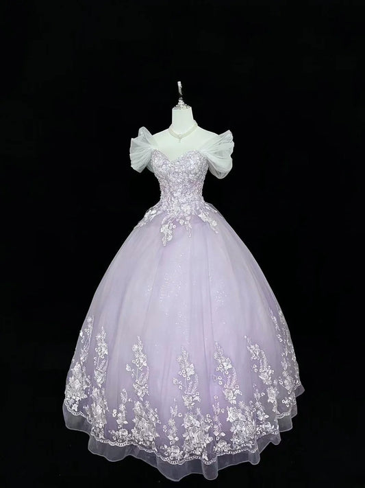 Niedliches schulterfreies Ballkleid aus lila Tüll mit Spitze, voluminöses Quinceanera-Kleid, Ideen für Sweet 16, Vestido de 15 RB7500