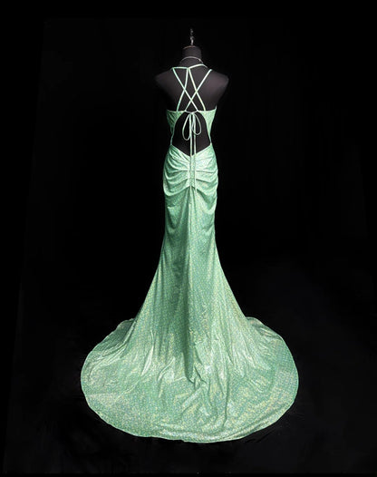 Modest Prom Dresses Mermaid Spaghetti Strap Green Backless Sequin Long Party Dress Formal Outfits RB5940