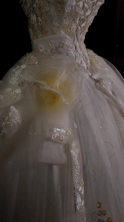 Vintage Wedding Dress Ball Gown Off Shoulder Tulle Appliques White With Sleeves Bridal Gown for Big Day RB9925