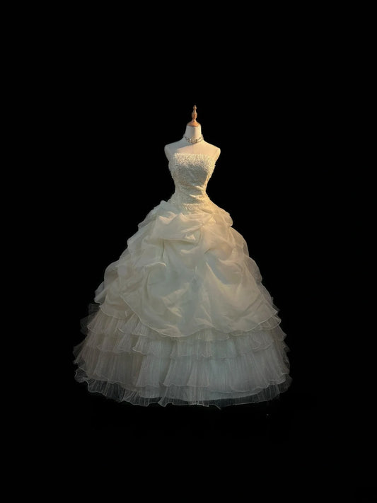 Romantic Princess Wedding Dress Ball Gown Strapless Ivory With Beading Brides Gown Long Bridal Dress RB5795