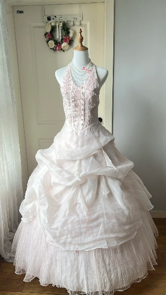 Sweet 15 Quinceanera Dress Ball Gown Halter Light Pink With Lace Tiered Long 15th Birthday Gown RC0496
