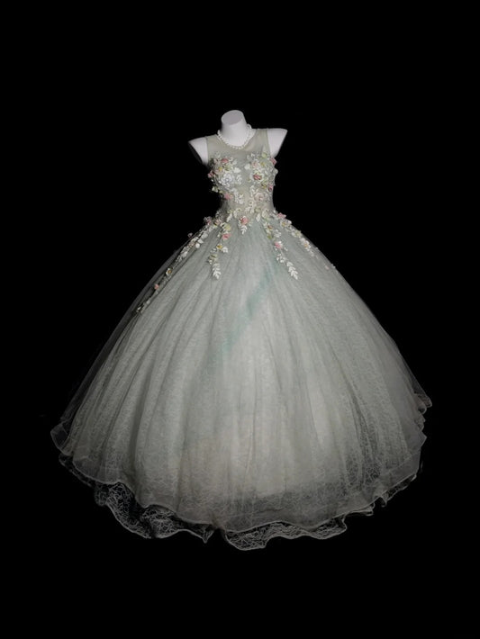 Sweet 16 Dress Sage Green Scoop Ball Gown With 3D Flowers Sweet Sixteen Dress RB9926