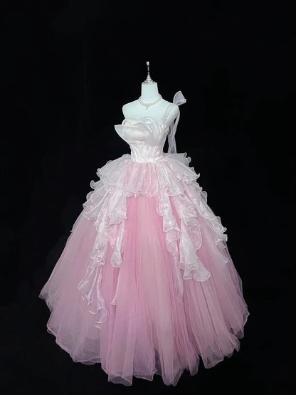 Princess Ball Gown One Shoulder Pink With Tiered Layers Quince Dress Voluminous Sweet 16 Sweet Sixteen Outfits Vestido de 15 RB7501