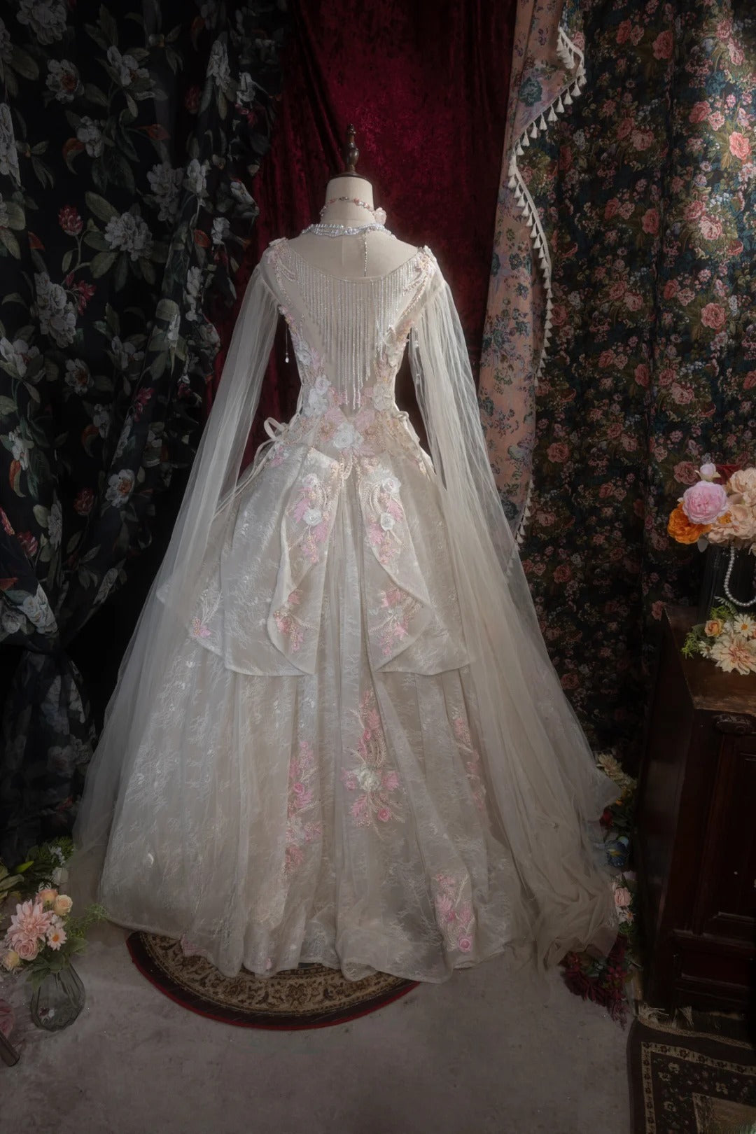 Sweety Ball Gown Scoop Ivory With Pink Tulle Long Flowers Lace Quince Dress inspo Party Gowns Sweet 16 Outfits RB8274