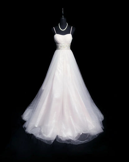 Vintage 70s Prom Dresses A line Spaghetti Strap White Tulle Sleeveless Evening Dress Formal Outfits RB5941