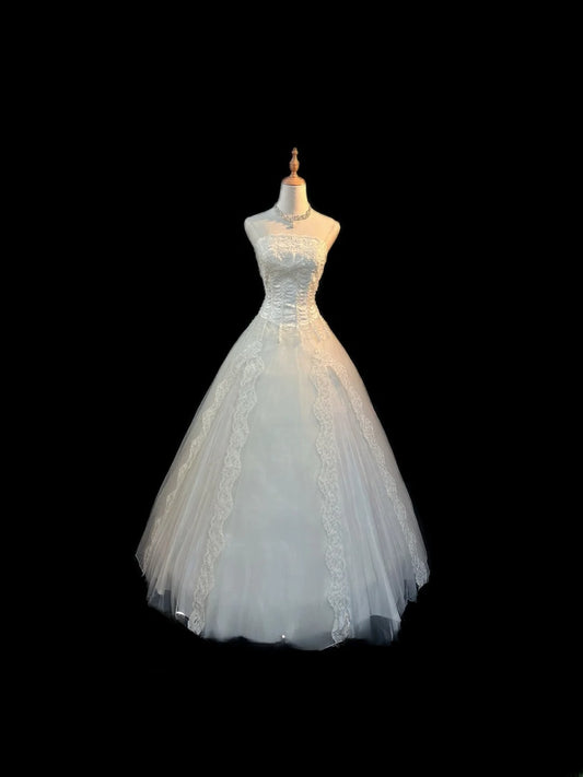 Romantic Princess Wedding Dress Ball Gown Strapless White With Appliques Brides Gown Long Bridal Dress RB5796
