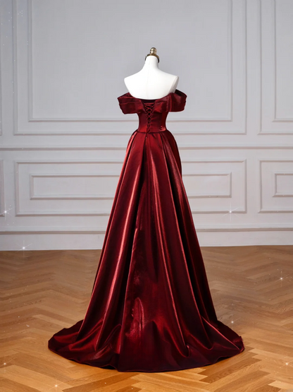 Robe de bal longue élégante en satin bordeaux, style sirène, épaules dénudées, AQ132