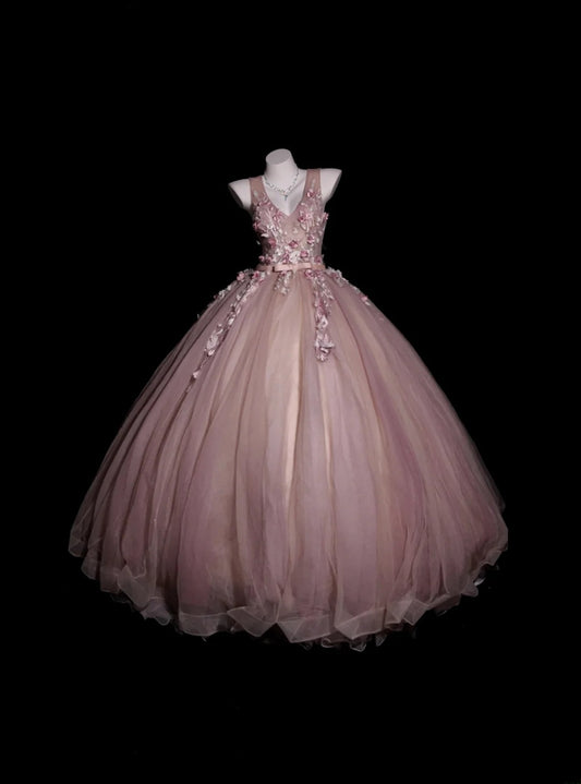 Sweet 16 Dress Pink V Neck Ball Gown With 3D Flowers Sweet Sixteen Dress RB9927