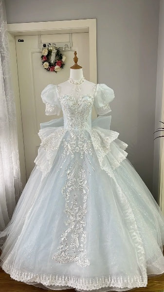 Quinceanera-Ballkleid zum 15. Geburtstag, helles Himmelblau mit Spitze, kurze Ärmel, langes Kleid für den 15. Geburtstag RC0497