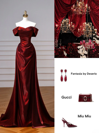 Robe de bal longue élégante en satin bordeaux, style sirène, épaules dénudées, AQ132