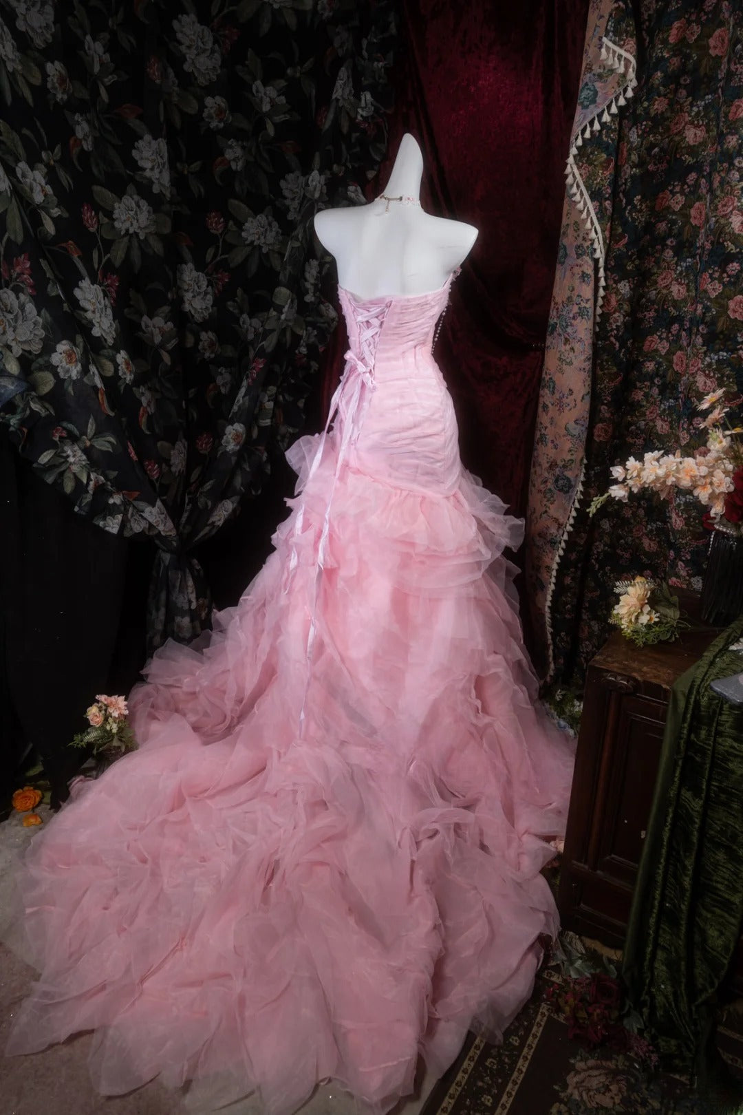 Vintage Mermaid Sweetheart Pink With Tiered Tulle Long Prom Dresses Formal Outfits Evening Night Gown RB8139