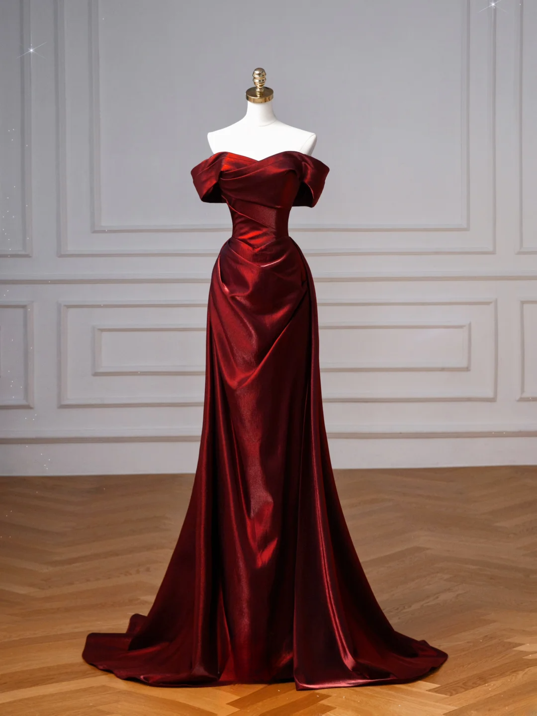 Robe de bal longue élégante en satin bordeaux, style sirène, épaules dénudées, AQ132