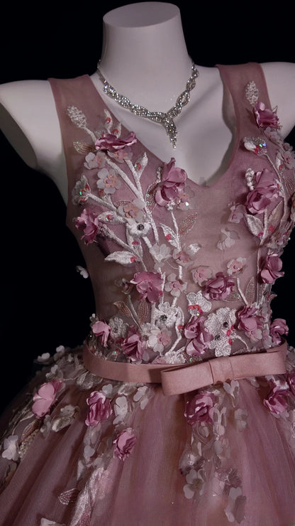Sweet 16 Dress Pink V Neck Ball Gown With 3D Flowers Sweet Sixteen Dress RB9927