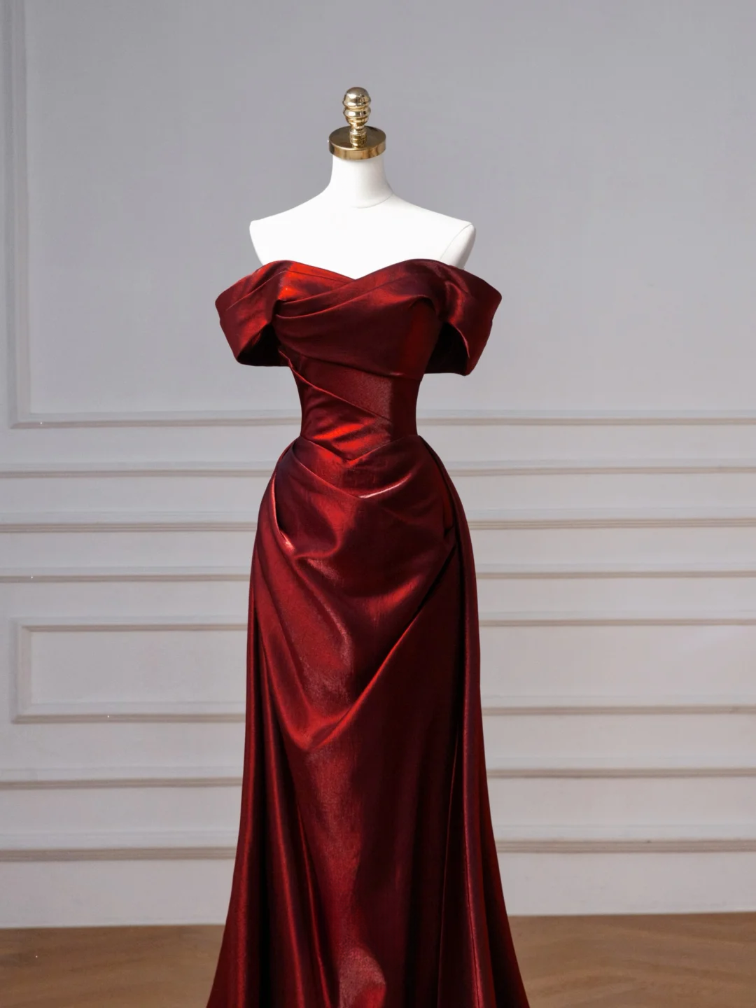 Robe de bal longue élégante en satin bordeaux, style sirène, épaules dénudées, AQ132