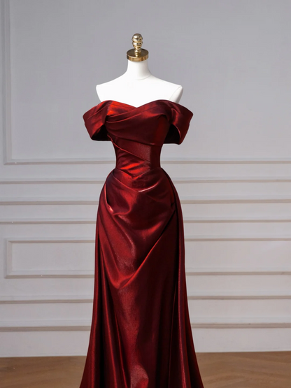 Robe de bal longue élégante en satin bordeaux, style sirène, épaules dénudées, AQ132