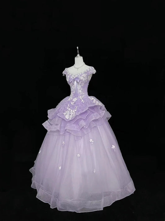 Süßes schulterfreies Ballkleid aus fliederfarbenem Tüll mit Spitze, voluminöses Quinceanera-Kleid für den 16. Geburtstag, Vestido de 15 RB7502