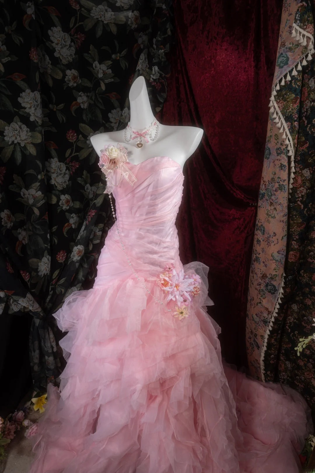 Vintage Mermaid Sweetheart Pink With Tiered Tulle Long Prom Dresses Formal Outfits Evening Night Gown RB8139