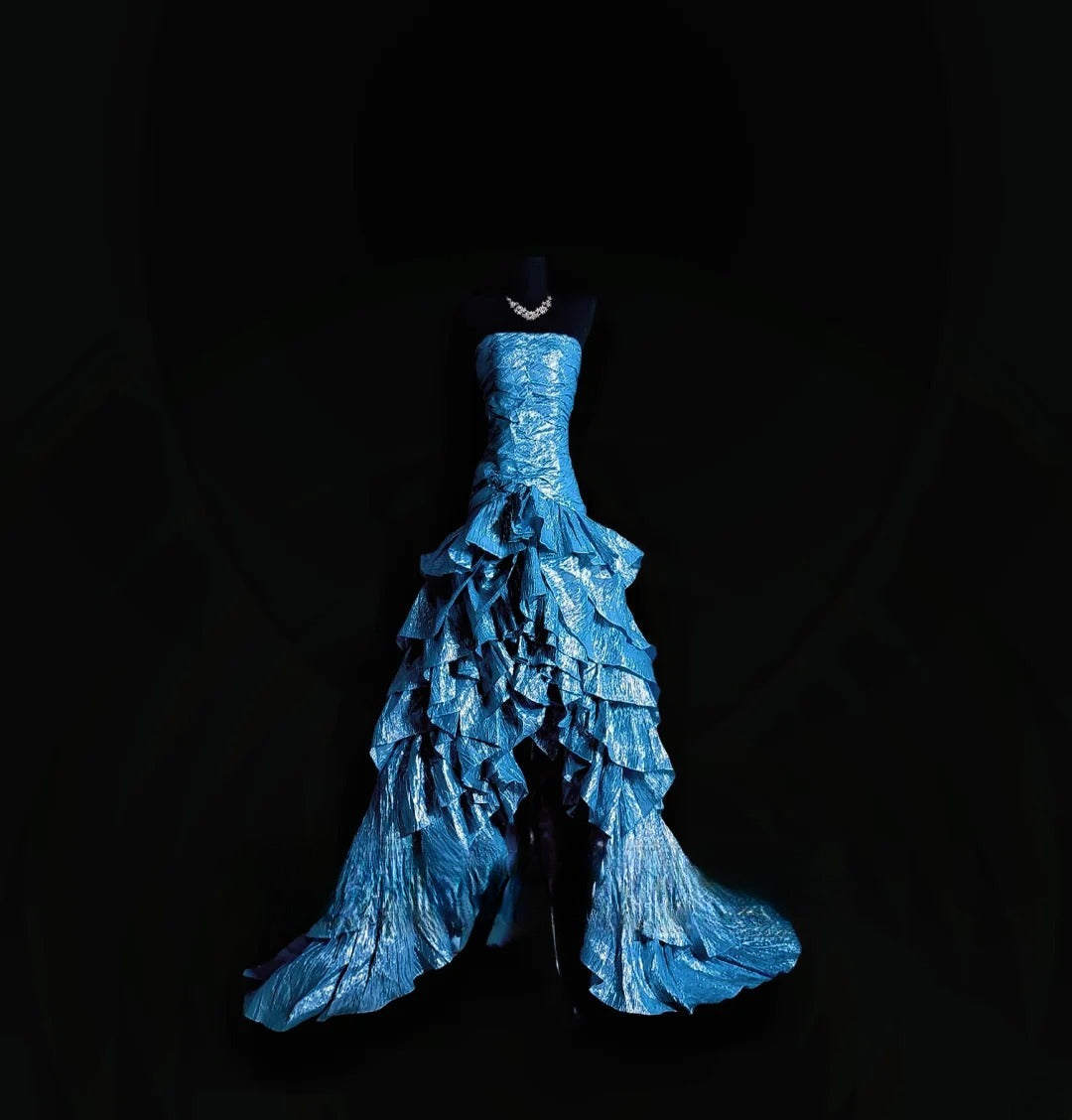 Vintage Mermaid Strapless High Low Blue With Tiered Layers Prom Dress Formal Dress Party Dresses RB7113