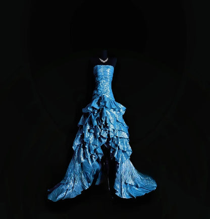 Vintage Mermaid Strapless High Low Blue With Tiered Layers Prom Dress Formal Dress Party Dresses RB7113