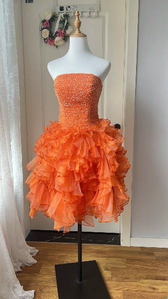 Hoco Ballkleid schulterfrei orange Tüll kurz Homecoming Geburtstag Partykleid RC0498