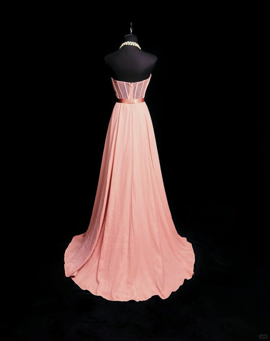 Artistic A line Strapless Pink Chiffon Long Date Night Outfits Semi Formal Prom Wedding Guest Dresses RB5943