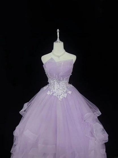 Princess Ball Gown Strapless Lilac With Tiered Layers Lace Quince Dress Voluminous Sweet 16 Sweet Sixteen Outfits Vestido de 15 RB7503