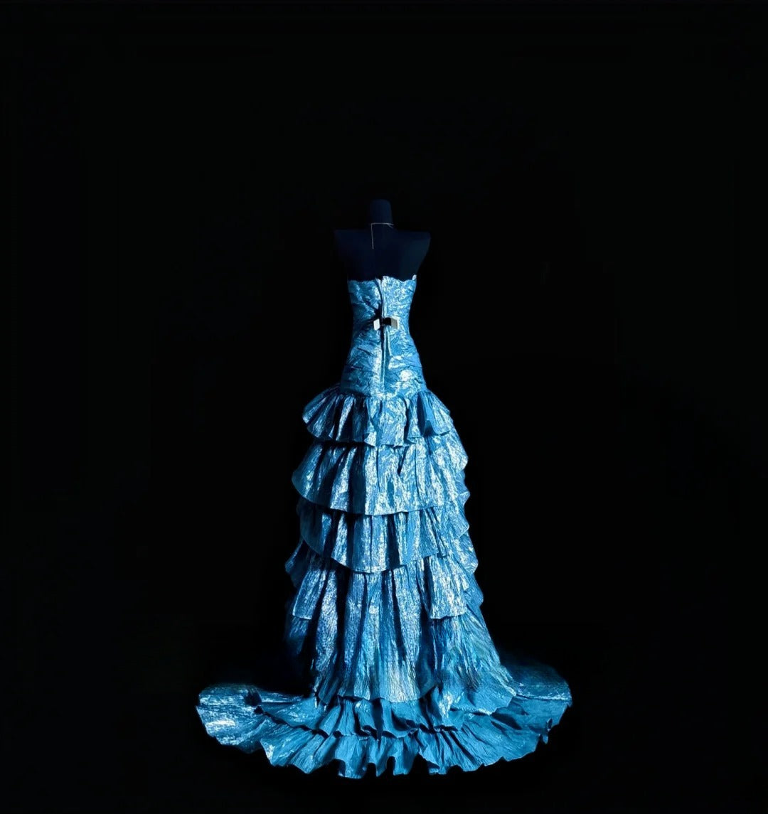 Vintage Mermaid Strapless High Low Blue With Tiered Layers Prom Dress Formal Dress Party Dresses RB7113