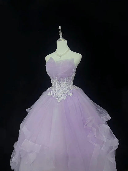 Princess Ball Gown Strapless Lilac With Tiered Layers Lace Quince Dress Voluminous Sweet 16 Sweet Sixteen Outfits Vestido de 15 RB7503
