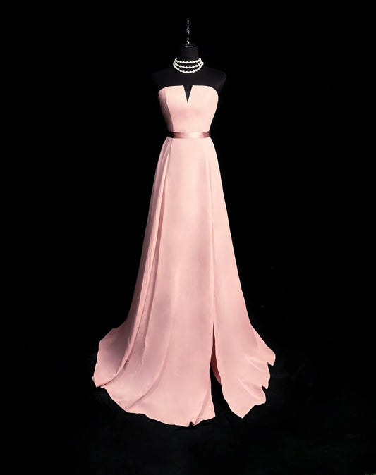 Artistic A line Strapless Pink Chiffon Long Date Night Outfits Semi Formal Prom Wedding Guest Dresses RB5943