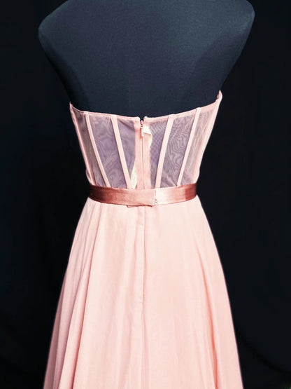 Artistic A line Strapless Pink Chiffon Long Date Night Outfits Semi Formal Prom Wedding Guest Dresses RB5943