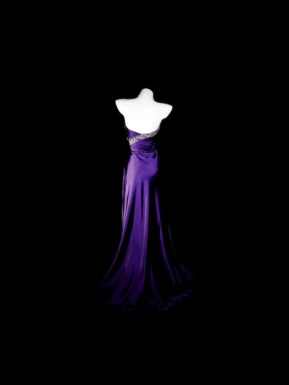 Purple Prom Dress Inspo A line Sweetheart With Beading Satin Modest Long Formal Party Gown RB9929